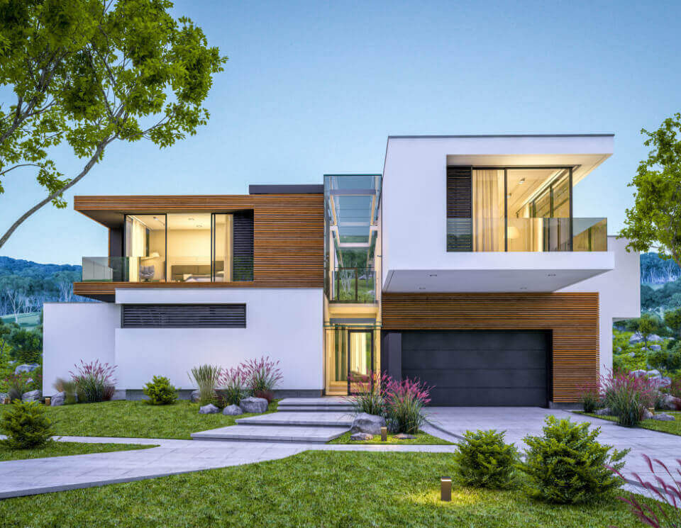 Front view of modern home with landscaped front yard